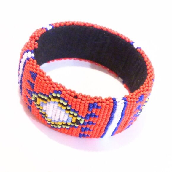 African Inspired Orange Seed Bead Vintage Cuff Bracelet - Picture 2 of 5